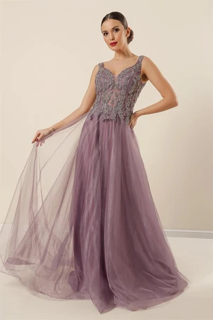 By Saygı Front Back V-Neck Beaded Lined Long Tulle Dress Lilac