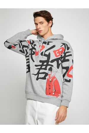 Koton Basic Hooded Oversized Sweatshirt with Far East Print.