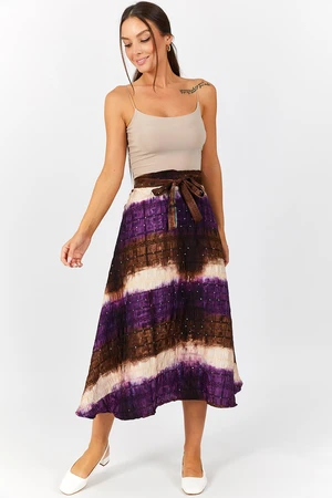 armonika Women's Purple Tie Dye Patterned Sequin Skirt with Tie Waist