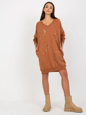 Light brown one-size long sweatshirt with rhinestone application