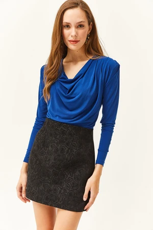 Olalook Women's Saxe Blue Waistband Pleated Turndown Collar Blouse