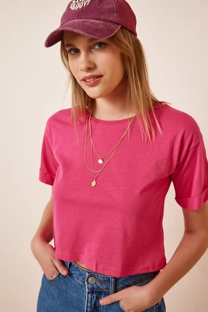 Happiness İstanbul Women's Pink Crop Knitted T-Shirts