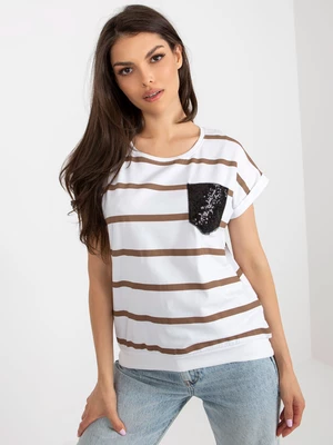 White and brown striped blouse with short sleeves