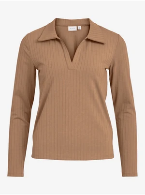 Brown ribbed T-shirt with collar VILA Nobella - Women