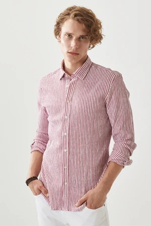 AC&Co / Altınyıldız Classics Men's White-burgundy Slim Fit Narrow Cut Button Collar Striped Shirt