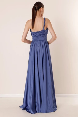 By Saygı Knitting Single Strap Waist Pleated Lined Long Evening Dress with a Slit dark indigo.