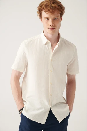 Avva Men's Ecru Cuban Collar Striped Short Sleeve Shirt