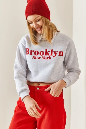 XHAN Gray Crew Neck Sweatshirt with Text Detail