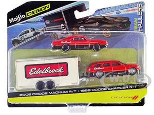 2006 Dodge Magnum R/T Red and Black and 1969 Dodge Charger R/T Red and Black with Enclosed Car Trailer "Edelbrock" "Team Haulers" Series 1/64 Diecast