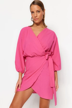 Trendyol ružové mini tkané dvojradové plážové šaty zo 100% bavlny