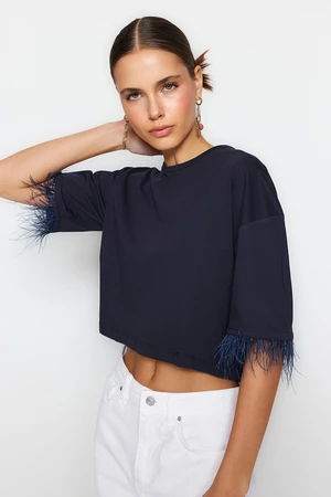 Trendyol Navy Blue 100% Cotton Crop Detail Crop Crew Neck Knitted T-Shirt