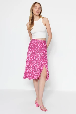 Trendyol Fuchsia Printed High-waist Midi, Elastic Knitted Skirt with Ruffles and Ruffle Details