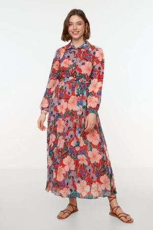 Trendyol Multicolored Floral Patterned Chiffon Woven Dress with Shirt Collar Belted and Lined