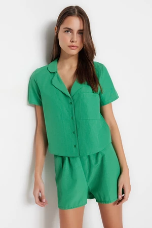 Súprava pyžám z tkaniny Terrycotton v zelenej farbe od značky Trendyol: košeľa a šortky