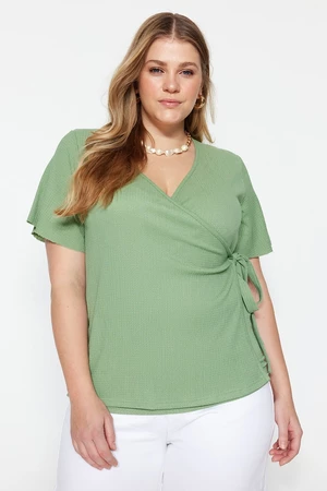 Trendyol Curve Dark Mint Double Breasted Tie Detailed Knitted Blouse