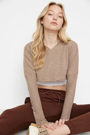 Trendyol Beige Super Crop Long Sleeve Knitted Look Knitted Blouse