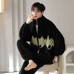 Sport Style Flannel Homewear for Men Korean Zipper Coral Fleece Pajamas Set Young Boy Pjs Loungewear Plus Size 3XL Sleepwear