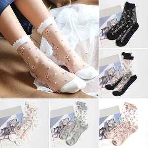 1 Pair Summer Breathable Ultra Thin Socks Women Transparent Lace Silk Crystal Rose Flower Girls Elastic Short Socks Female Sox