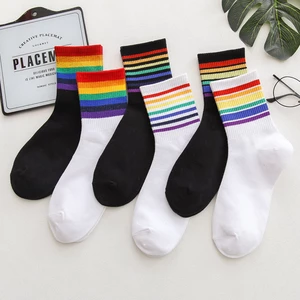 Instime Unisex Stripes Mid Men Socks Harajuku Colorful Funny Socks Men 100 Cotton 1 Pair Kawaii Rainbow Color Size 35-42