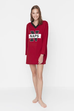 Trendyol Burgundy Knitted Nightgown with Motto Print