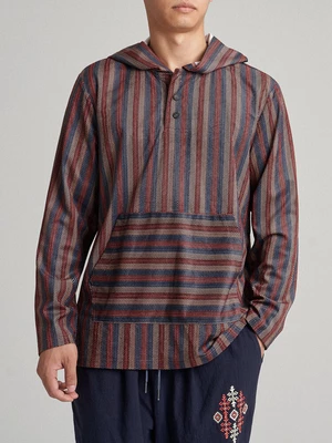 Mens Ethnic Striped Printed Half Buttons Hooded Sweatshirts
