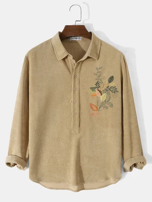 Mens Plants Embroidered Half Collar Lapel Long Sleeve Shirts