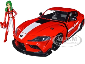 2020 Toyota Supra Red with Graphics and Miriya Sterling Diecast Figurine "Robotech" "Hollywood Rides" Series 1/24 Diecast Model Car by Jada