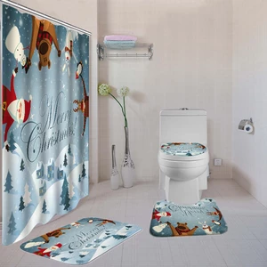 Christmas Snowman Bath Shower Curtain Toilet Seat Cover Mat Cushion Set Non Slip