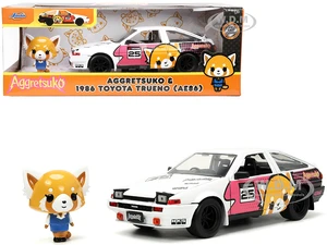 1986 Toyota Trueno (AE86) RHD (Right Hand Drive) 25 White with Graphics and Aggretsuko Diecast Figure "Aggretsuko" "Anime Hollywood Rides" Series 1/2