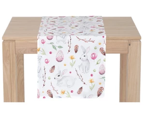 Behúň na stôl Veľkonoční zajačikovia a kvety, 150x40 cm%
