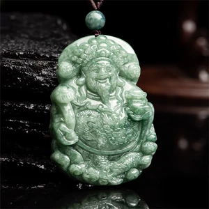 Natural Green Jadeite Carved Chinese RuYi God of Wealth Lucky Pendant Amulet Necklace Certificate Vintage Woman Man's Jewelry