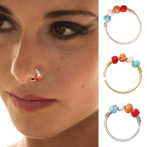 Nasal Nail Body Piercing Jewelry Thoracic Ring Stainless Steel Nose Ring Four Colored Beaded Nose Rings Body Jewelry Gifts