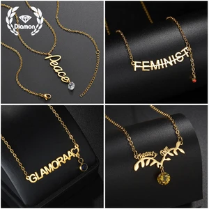 Diamon Necklace for Women Personalized Custom Name Stainless Steel Letter Zircon Pendant Nameplate for Men Women Jewelry Gift