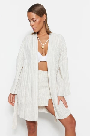 Trendyol Bridal Ecru Belted Mini Woven Linen Blended Kimono & Kaftan