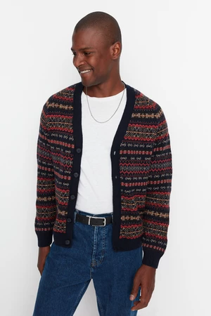Trendyol tmavomodrý slim fit sveter s véčkovým výstrihom a žakárovým vzorom