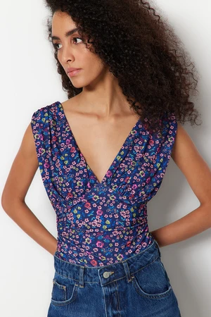 Trendyol Purple Printed V-Neck Drape Detailed Fitted/Sleeping Stretchy Knitted Bodysuit with Snap fastener