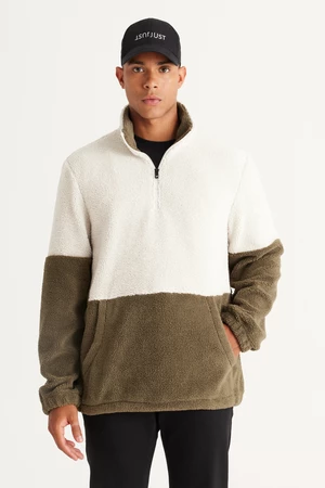 AC&Co / Altınyıldız Classics Men's Beige-khaki Standard Fit High Bato Collar Kangaroo Pocket Double Color Sherpa Fleece Sweatshirt