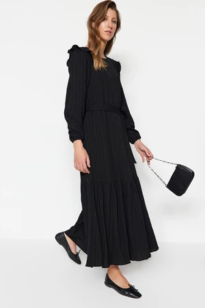 Trendyol Black Belted Viscose-Mixed Woven Dress with Ruffled Shoulder Frills Skirt