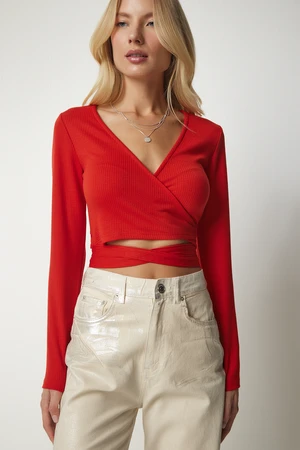 Happiness İstanbul Women's Orange Tie-Down Collar Crop Blouse