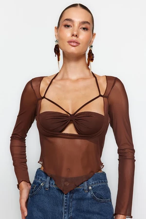 Trendyol Brown Cut Out/Window Detailed Tulle Blouse