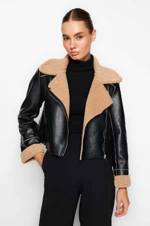 Trendyol Black Oversize Inner Plush Faux Leather Coat