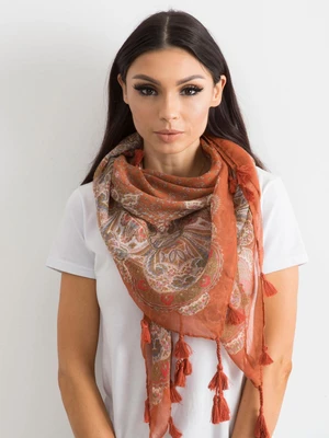 Light brown scarf with fringe and print