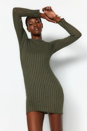 Trendyol Khaki Crewneck Lined Mini Knitted Dress from Textured Fabric