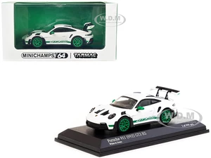 Porsche 911 (992) GT3 RS White with Green Stripes and Wheels Limited Edition to 999 pieces Worldwide 1/64 Diecast Model Car by Minichamps &amp; Tarma