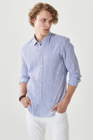 AC&Co / Altınyıldız Classics Men's White-blue Slim Fit Narrow Cut Button Collar Striped Shirt