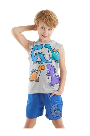 Denokids Colorful Dinos Boys' Sleeveless Gray T-shirt with Blue Shorts Summer Suit