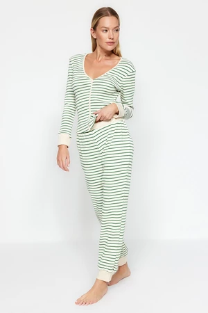 Trendyol Green Striped Cotton Tshirt with Cuff and Piping Detail - Jogger Knitted Pajama Set