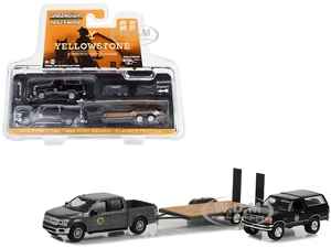 2018 Ford F-150 Pickup Truck Gray with 1992 Ford Bronco "Montana Livestock Association" Black and Flatbed Car Trailer "Yellowstone" (2018-Current) TV