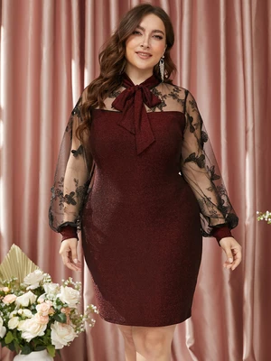 Plus Size Tie-up Design Patchwork Long Sleeves Dress
