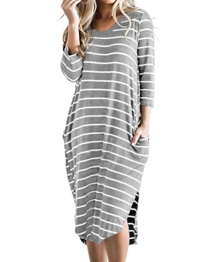 Women Stripes 3/4 Sleeves High Low Hem Dress with Pocket